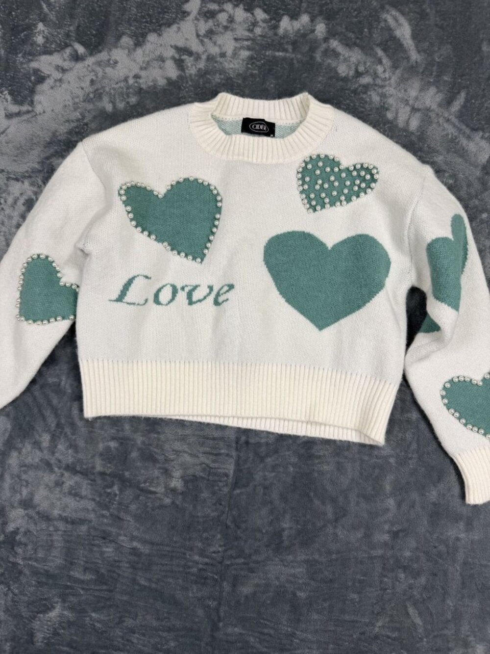Cider Womens White & Green Heart Pattern Pearl Knit Pullover Sweater M